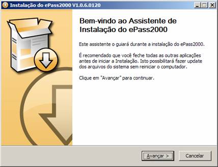 primeira tela da instala��o do token ePass
