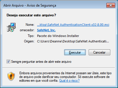 terceira tela da instala��o do token Safenet