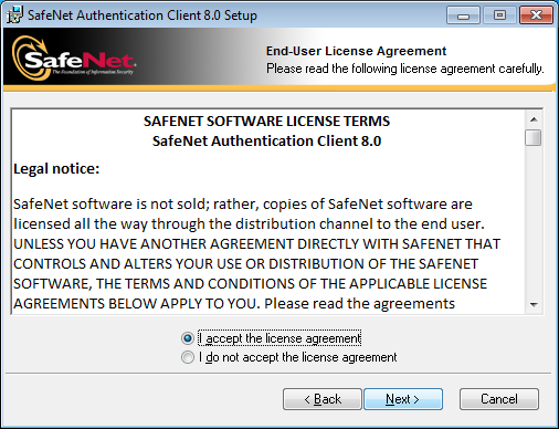 sexta tela da instala��o do token Safenet