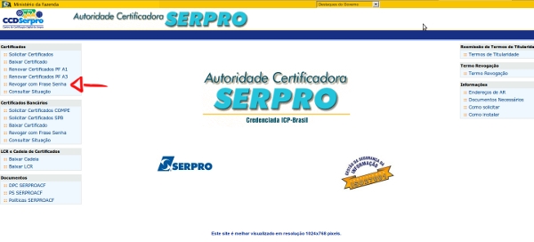 imagem do sitio da autoridade certificadora indicando o caminho para iniciar a revoga��o do certificado