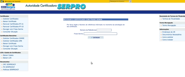 imagem do sitio da autoridade certificadora, mostrando os campos a serem preenchidos para revogar o certificado
